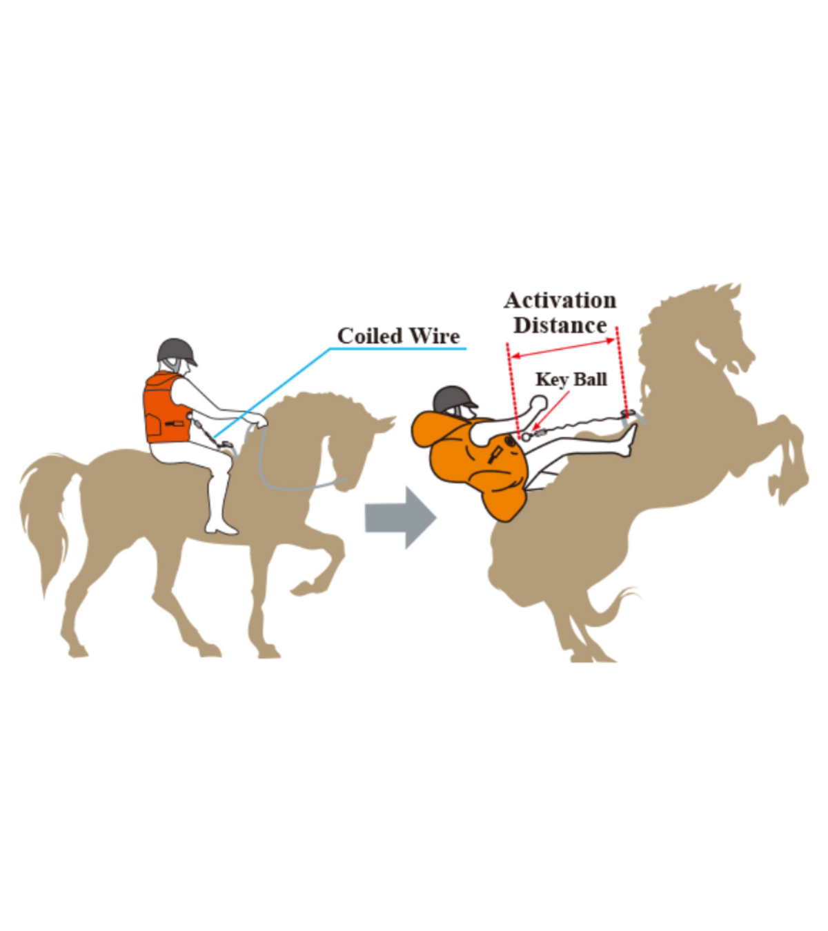 A diagram showing a rider on a horse with a coiled wire connected to a key ball, illustrating the function.