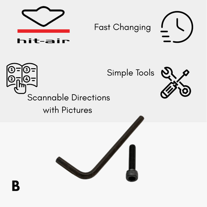 Hit-Air product with fast changing, simple tools, and scannable directions on a white background.