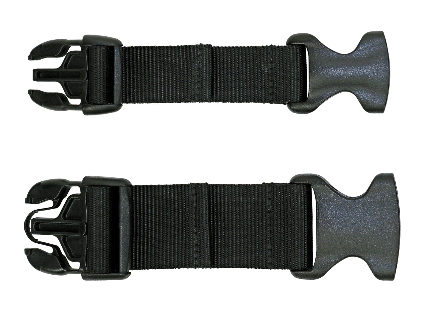 A pair of buckle extenders for Hit Air buckle closure vest that feature a small size top and large bottom buckle. 