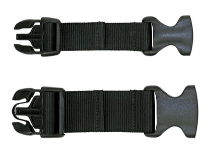 A pair of buckle extenders for Hit Air buckle closure vest that feature a small size top and large bottom buckle. 