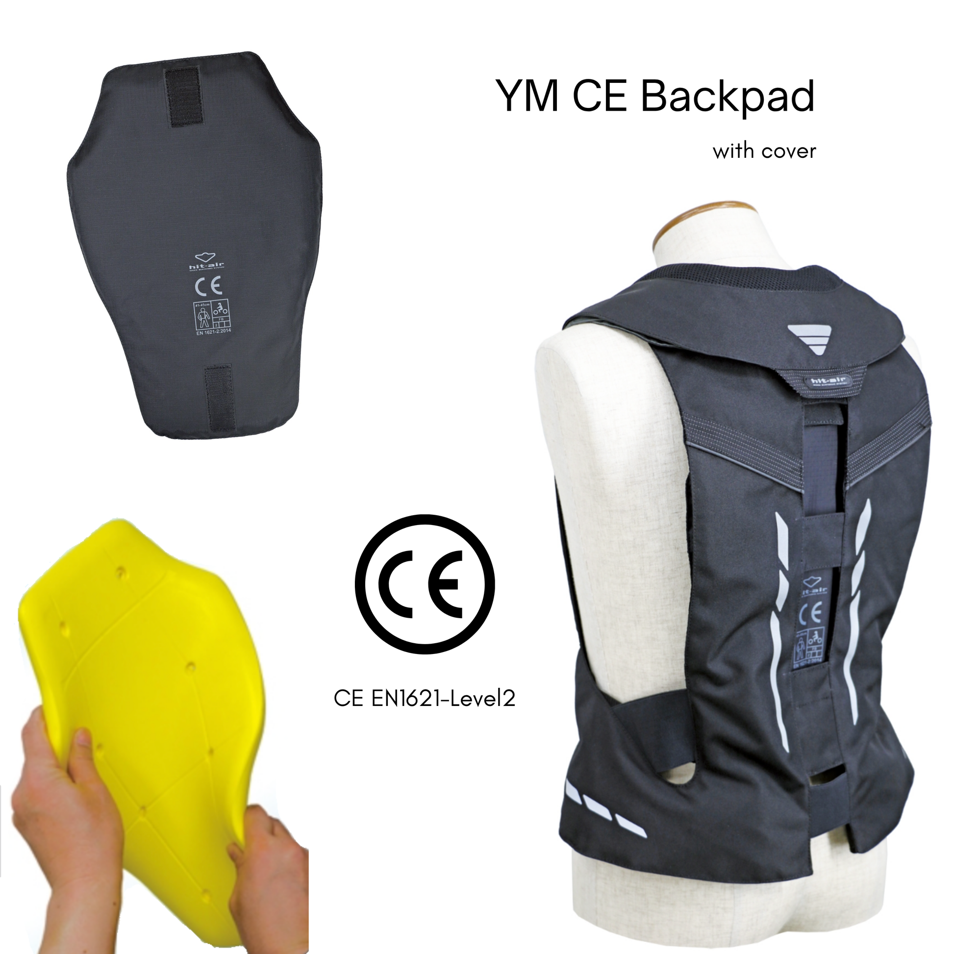 YM CE Backpad with cover on a mannequin, showing CE certification.