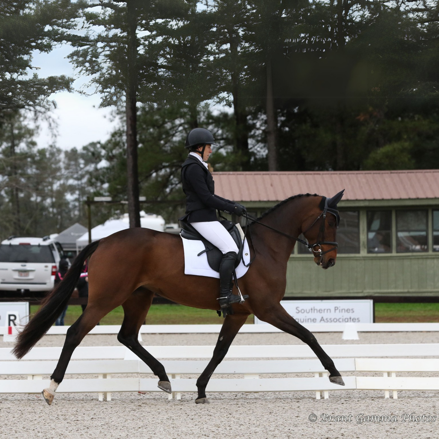 A english dressage rider competing wearing a Hit Air vest.