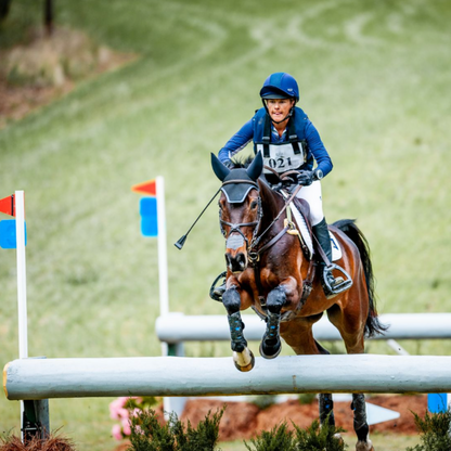 An equestrian jumping a fence on a horse wearing a Hit Air system.