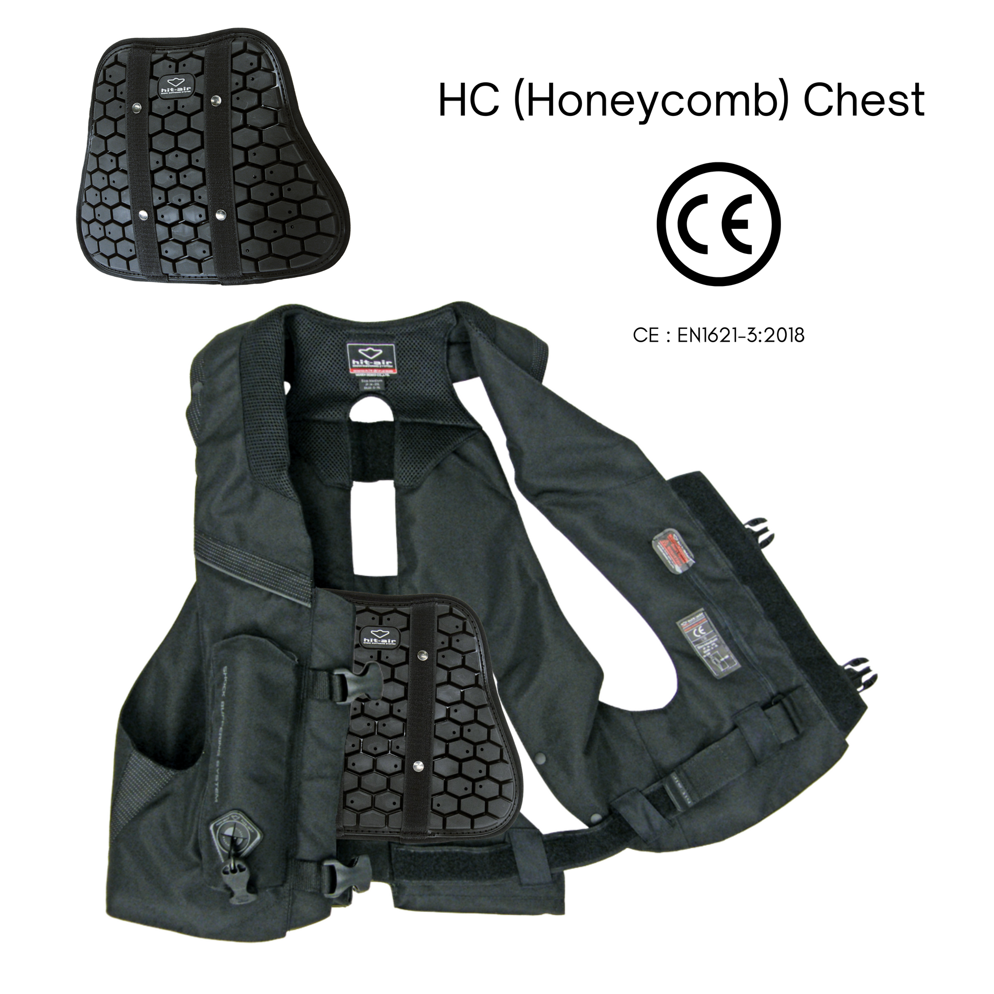 Detailed product shot showing the CE-certified HC Honeycomb chest padding and placement.
