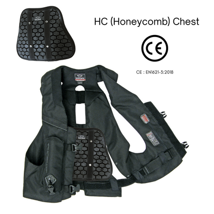 Detailed product shot showing the CE-certified HC Honeycomb chest padding and placement.