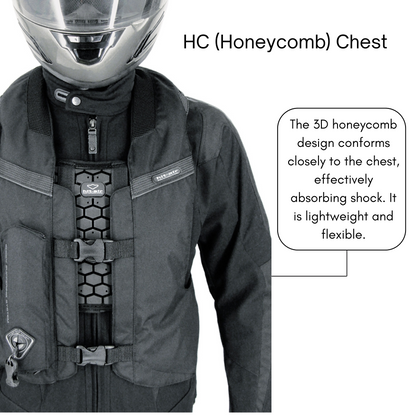 Person wearing a Hit Air protective vest with honeycomb CE certified HC chest pad.
