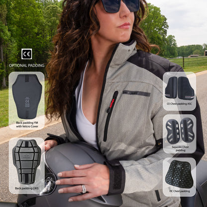 Woman wearing the grey mesh HDS motorcycle jacket showing additional padding options.