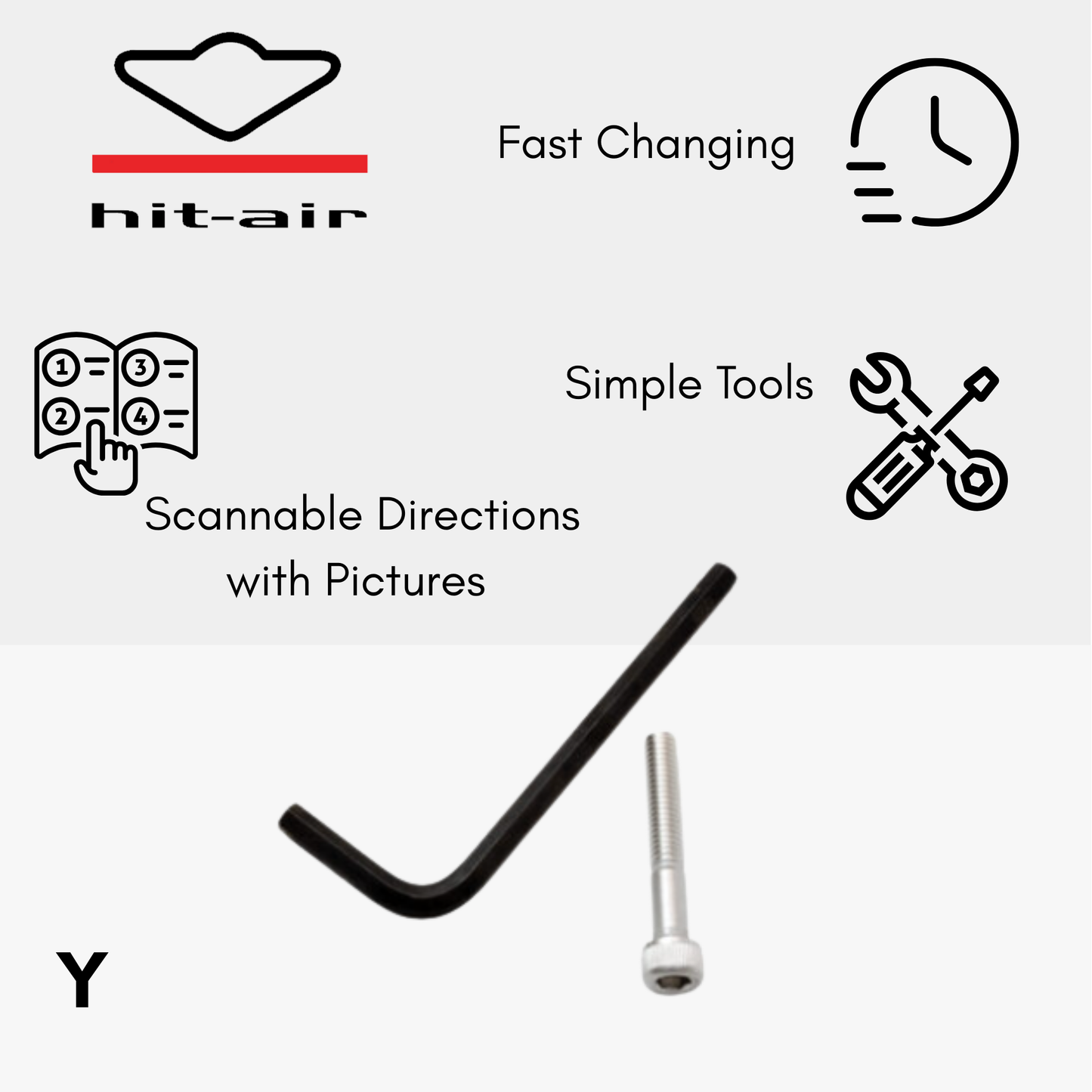 Hit-Air product with fast changing, simple tools, and scannable directions on a white background.