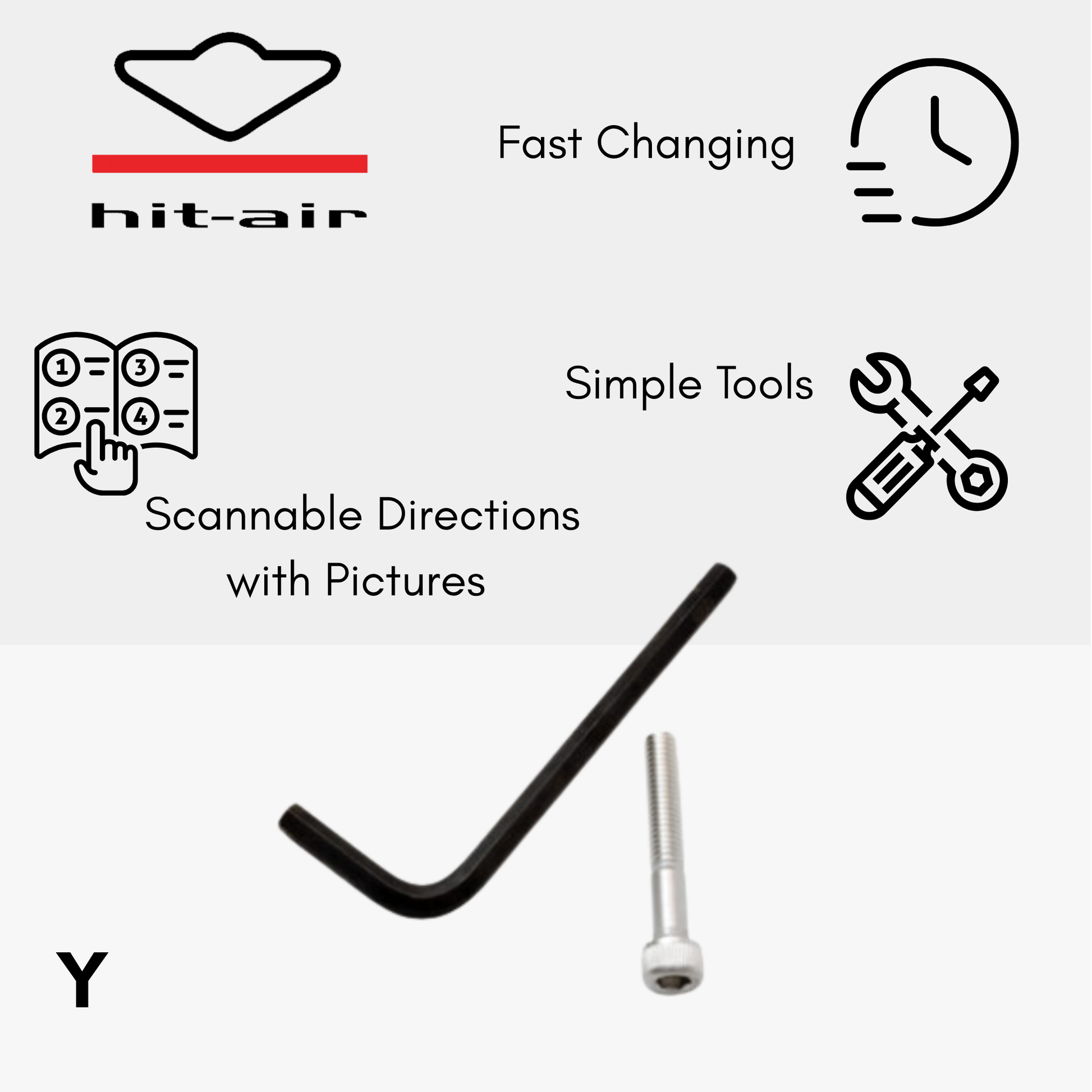 Hit-Air product with fast changing, simple tools, and scannable directions on a white background.