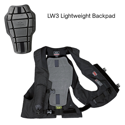 The LW3 Lightweight Backpad shown installed on a Hit Air vest.