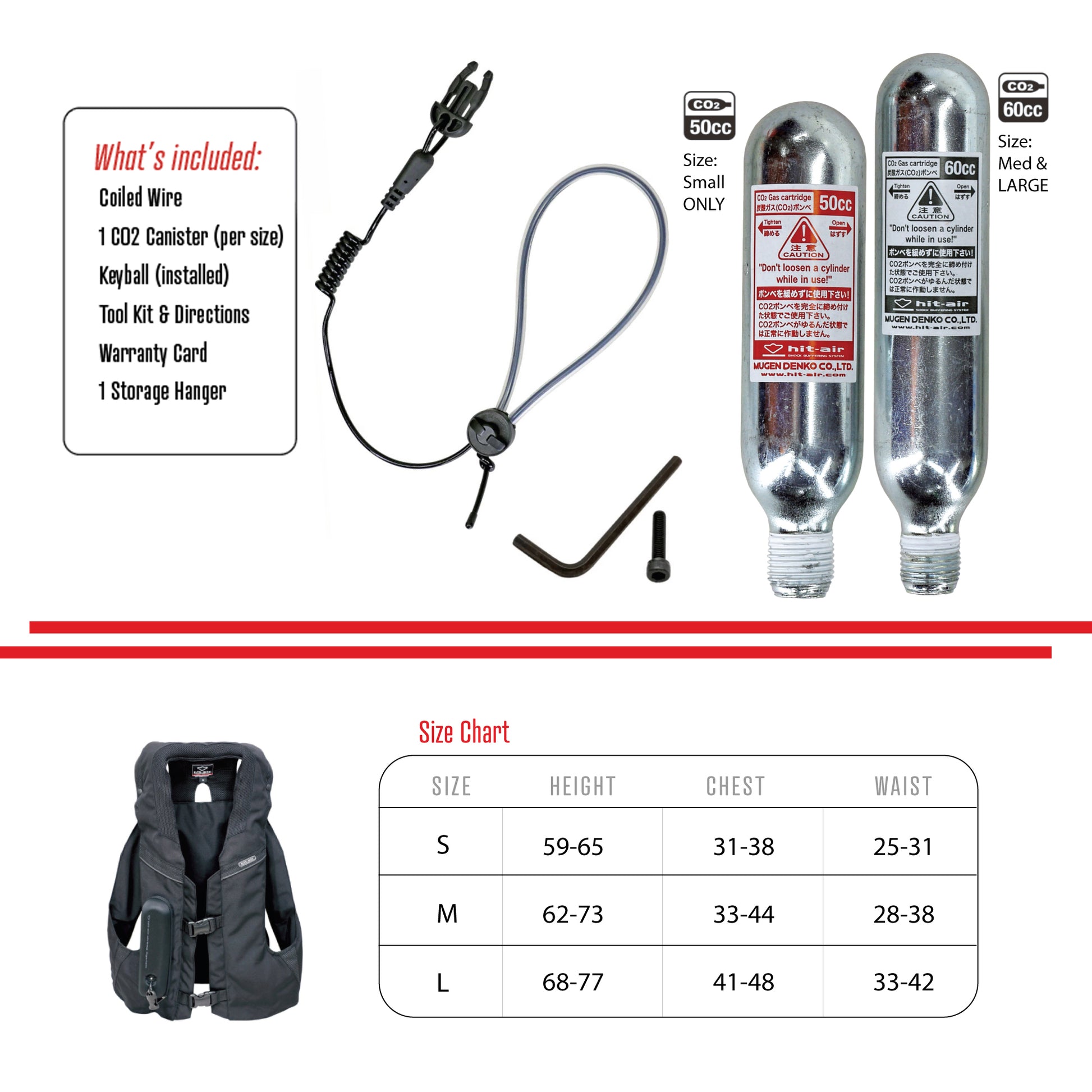 MLV2 size chart along with what is included with the MLV2 Hit Air safety vest.
