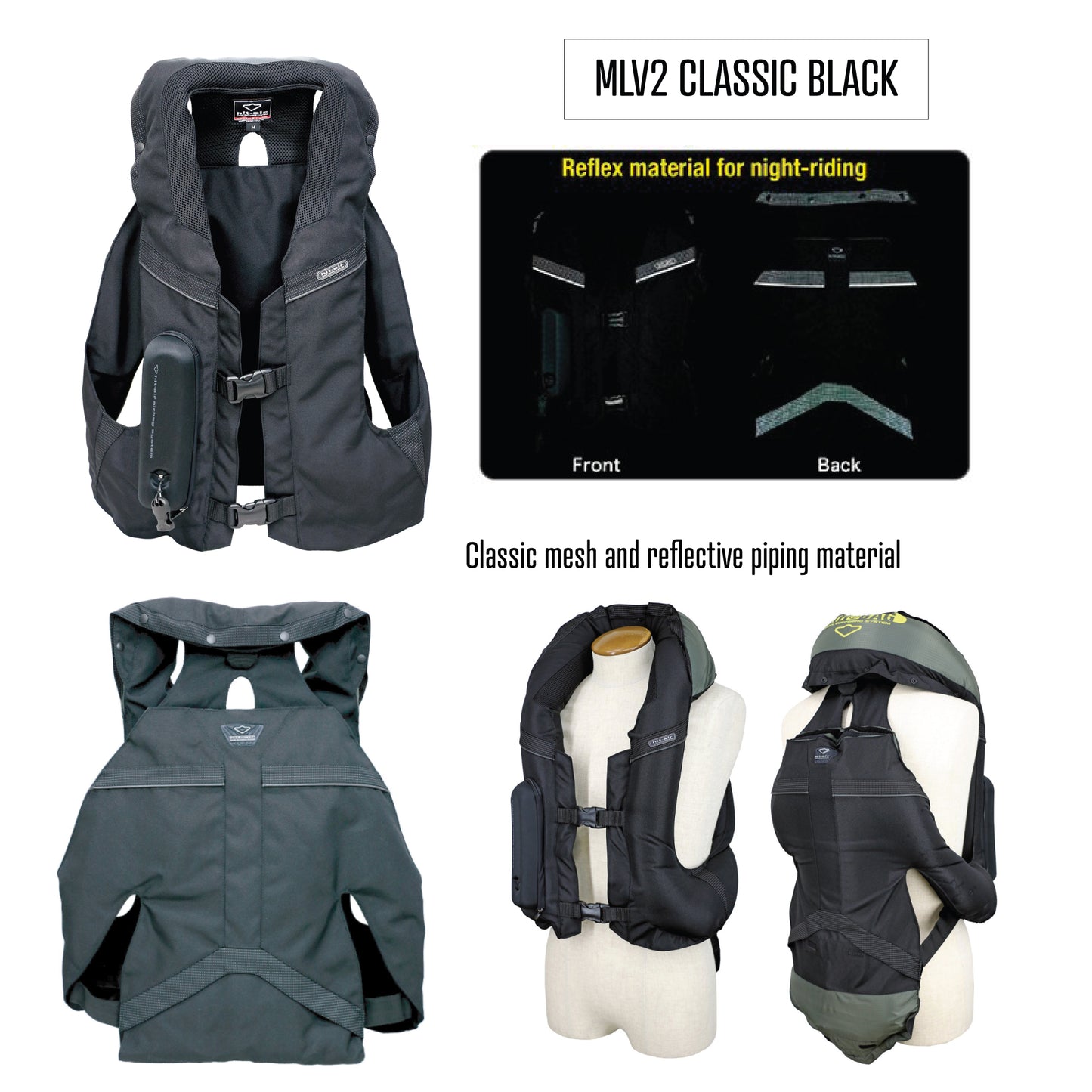 Product information and inflation showing the MLV2 in Classic black during day and night time riding.