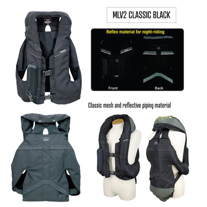 Product information and inflation showing the MLV2 in Classic black during day and night time riding.