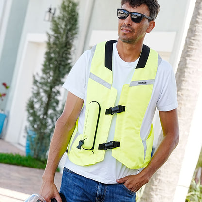 Man wearing a Hit Air MLV2 high-viz bright yellow safety air vest.