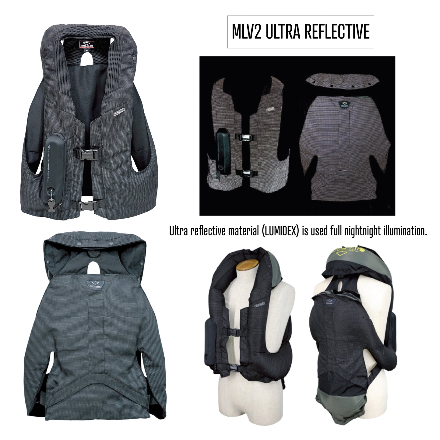 Product information and inflation showing the MLV2 in ultra reflective black during day and night time riding.
