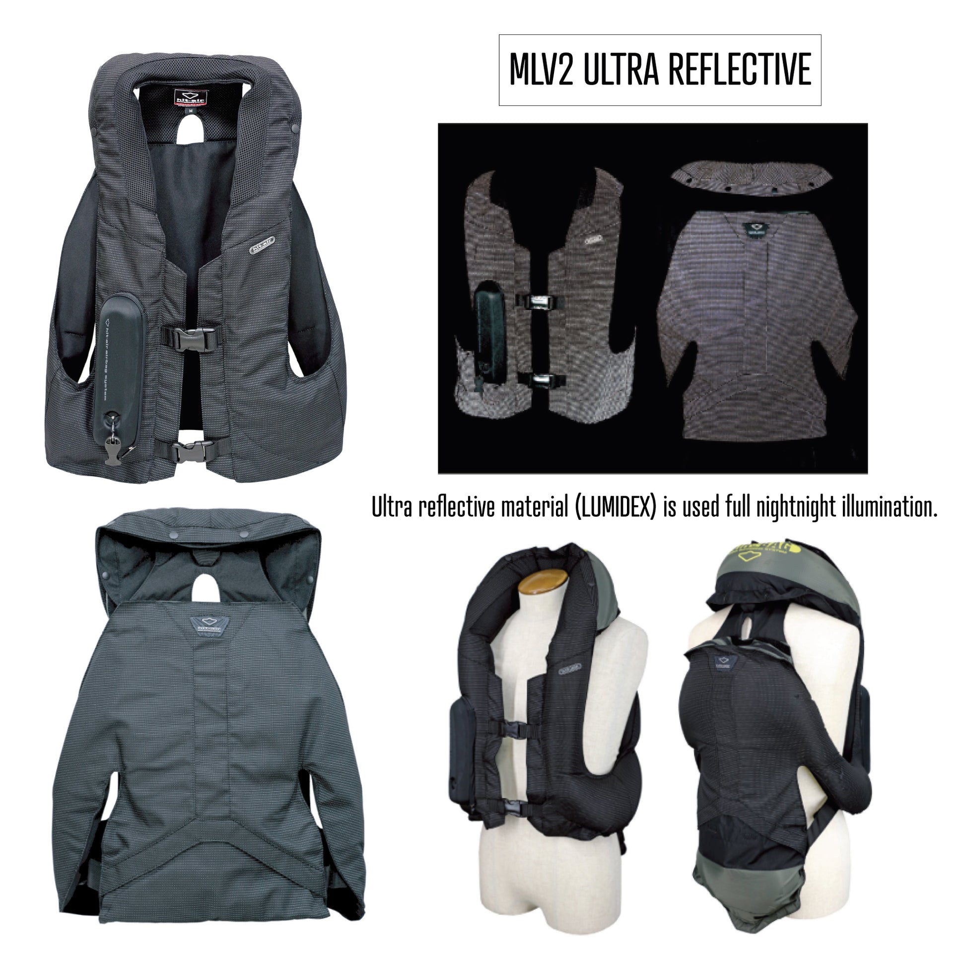 Product information and inflation showing the MLV2 in ultra reflective black during day and night time riding.