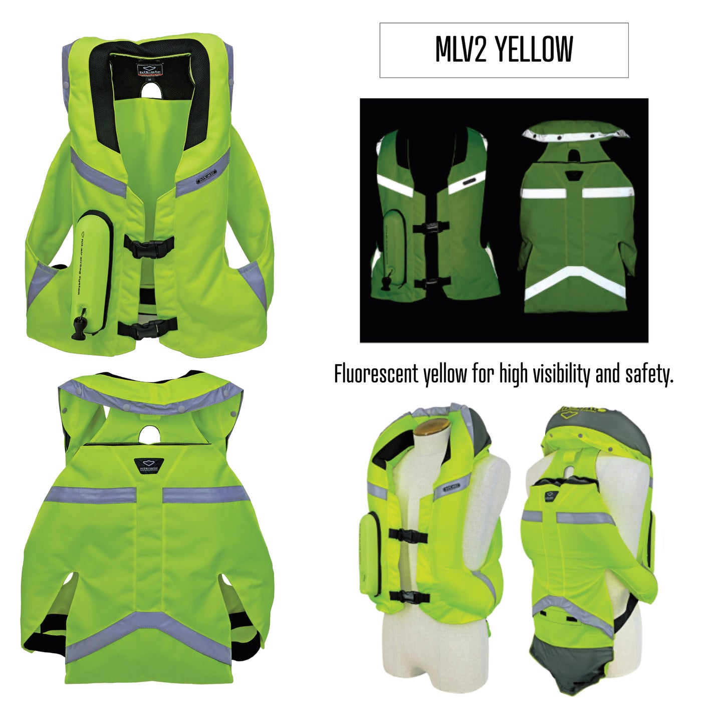 Product information and inflation showing the MLV2 in fluorescent yellow during day and night time riding