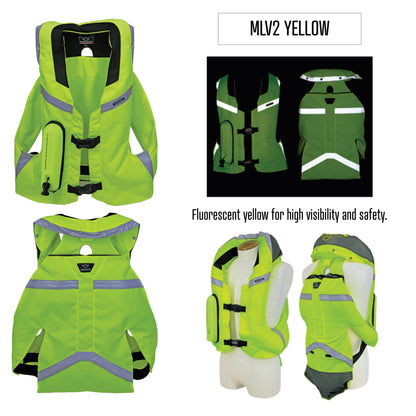 Product information and inflation showing the MLV2 in fluorescent yellow during day and night time riding