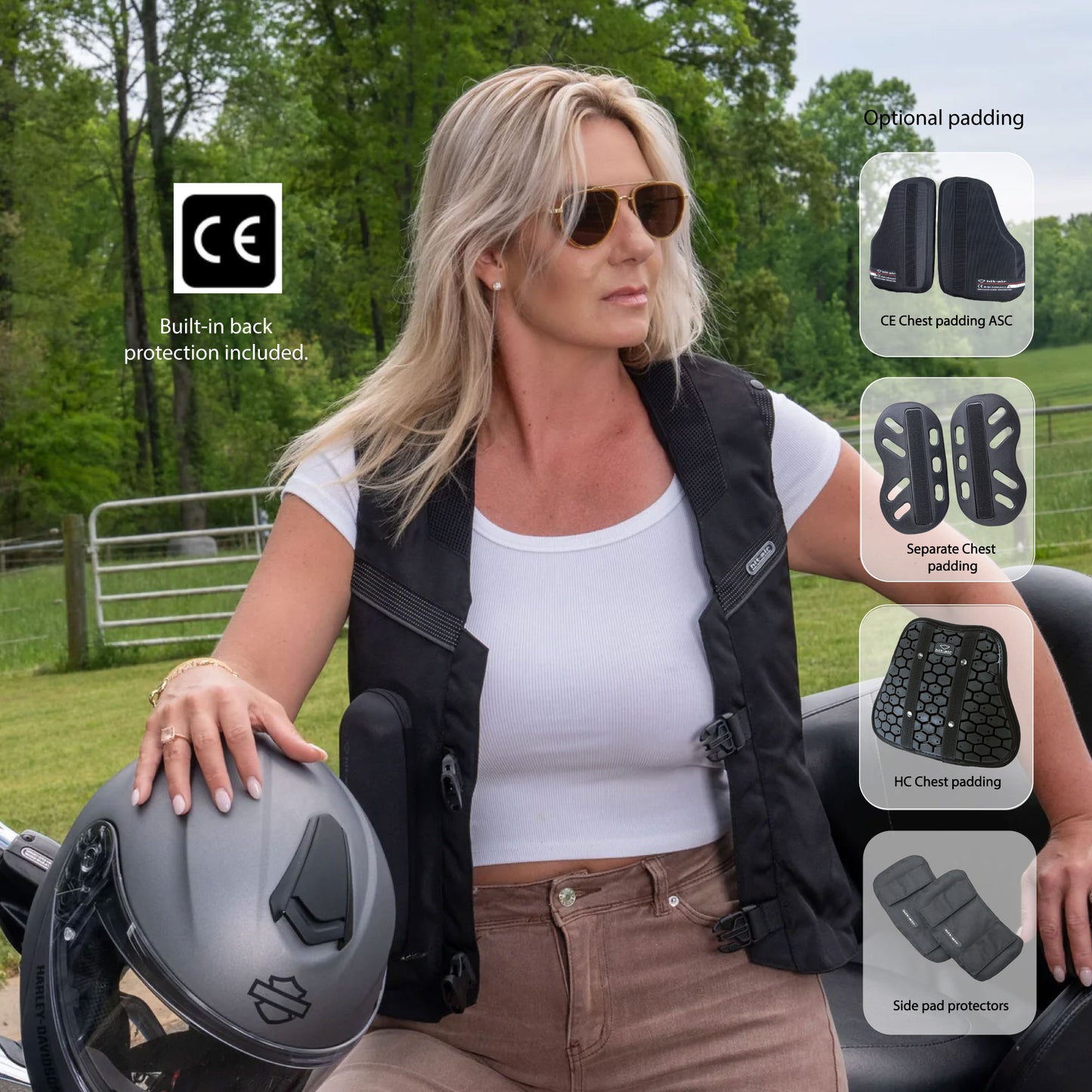 Woman wearing an MLV2 with CE certification and additional padding options displayed.