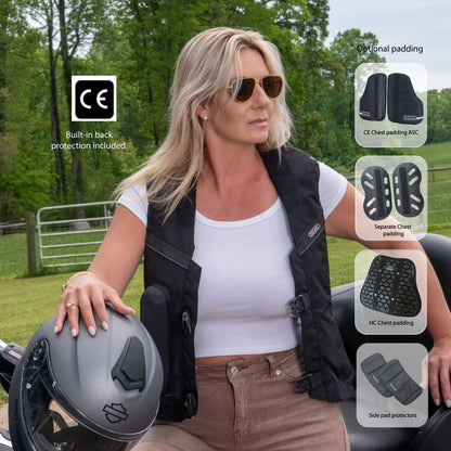 Woman wearing an MLV2 with CE certification and additional padding options displayed.