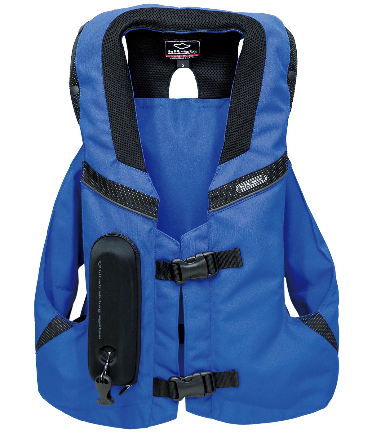 Blue airbag system with black straps on a white background