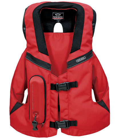 Red airbag system with black straps on a white background