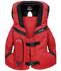 Red airbag system with black straps on a white background