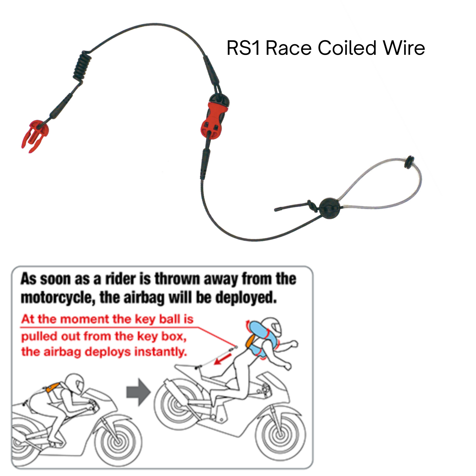 Diagram of RS1 Race Coiled Wire with motorcycle and airbag illustration