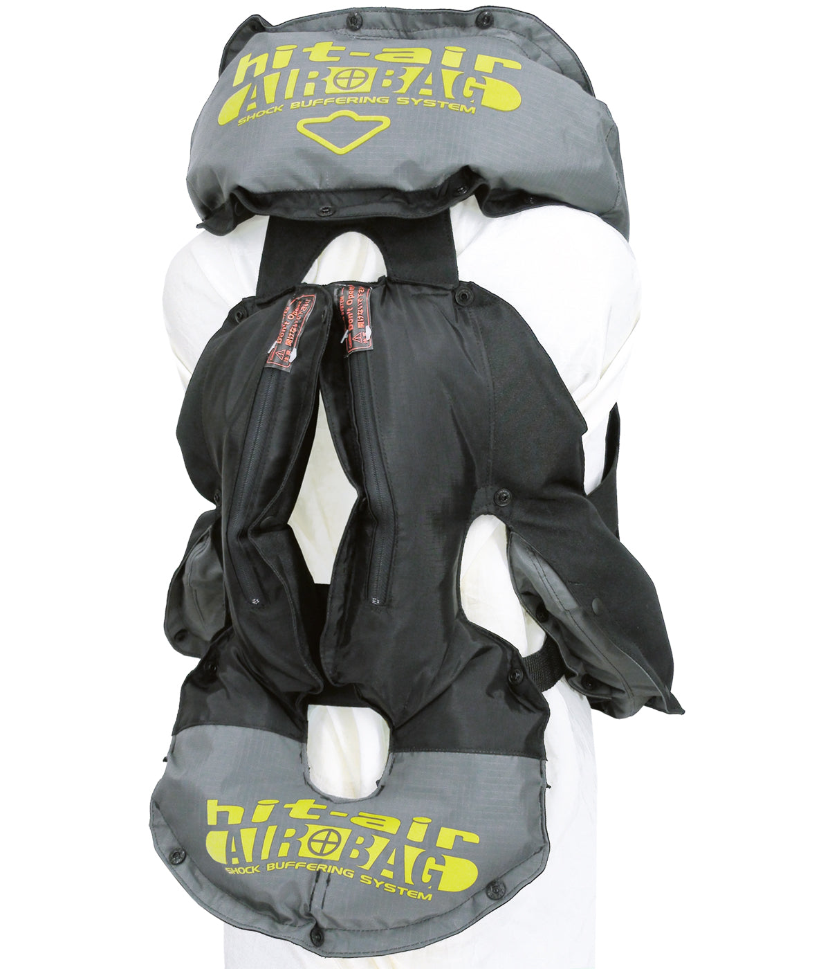 Detailed back view of an SKV vest in its inflated state on a mannequin with a white background