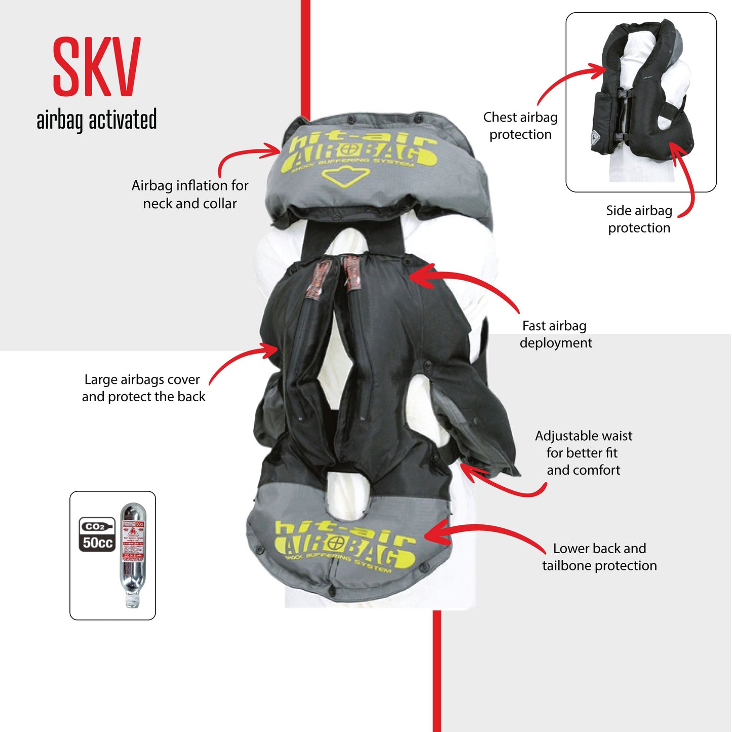 Detailed view of a Hit Air child's protective air-vest inflated with features.