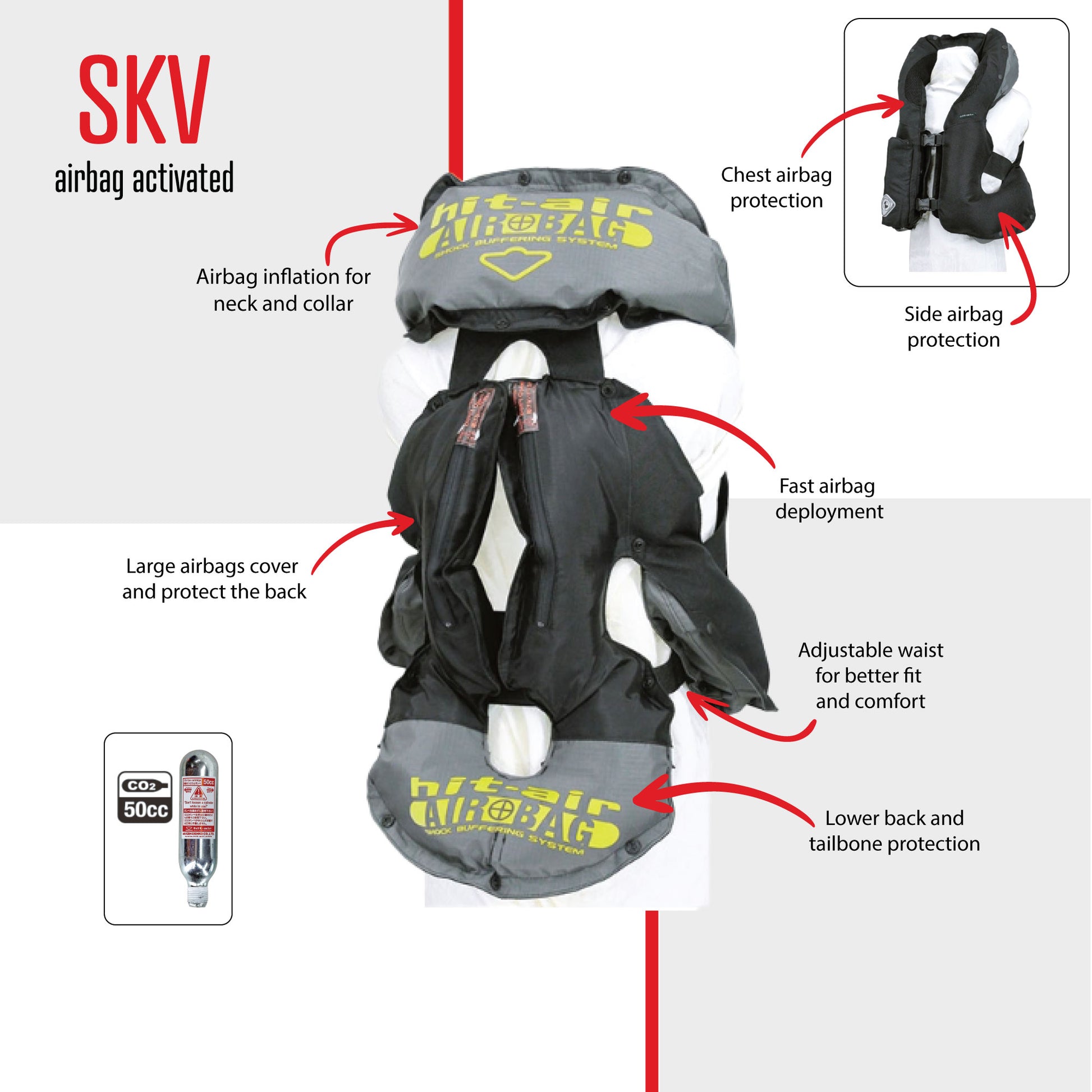 Detailed view of a Hit Air child's protective air-vest inflated with features.
