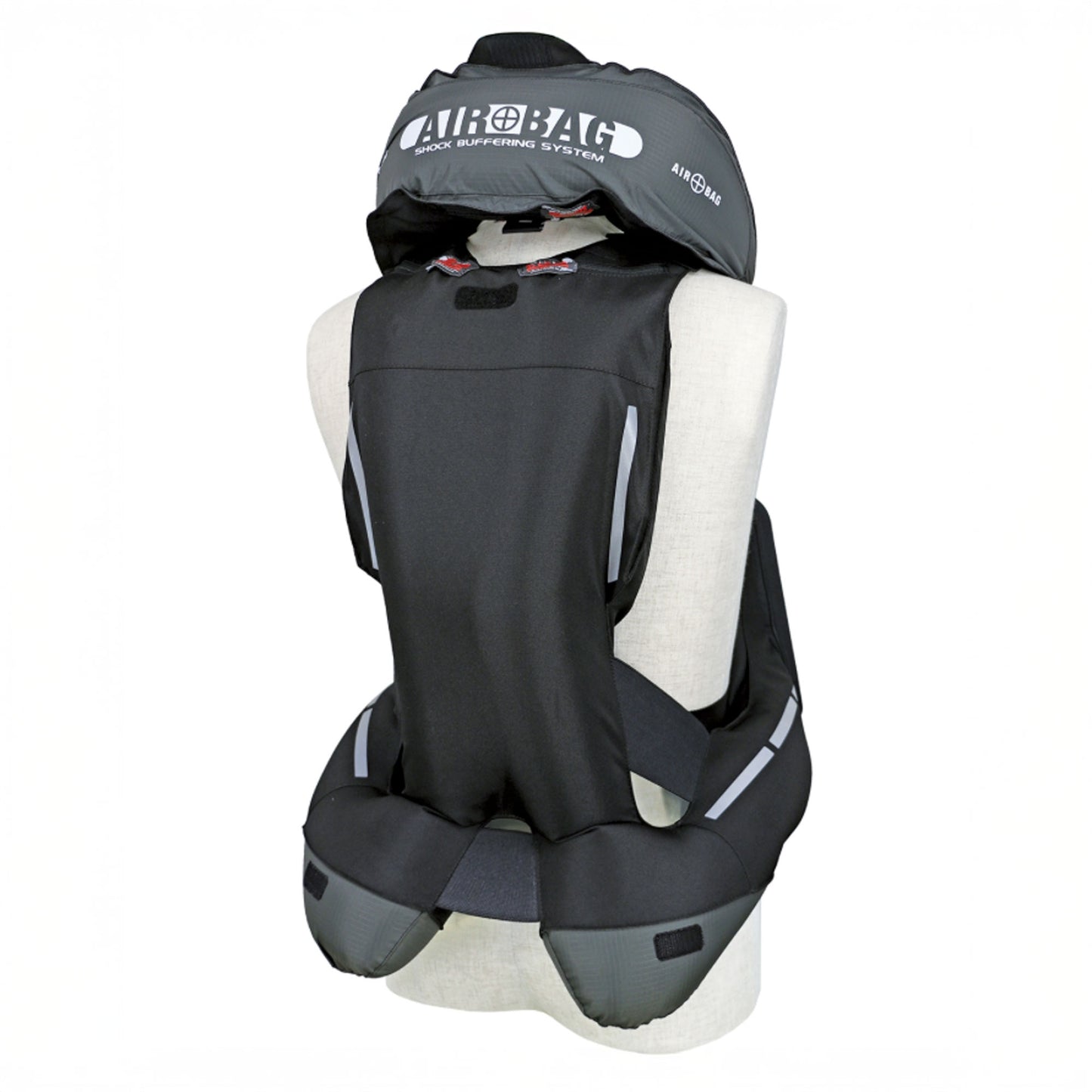 The back side of the Hit-Air ST safety vest inflated on a mannequin with a white background.