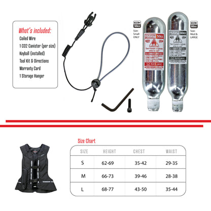 Product details including Co2 and size chart for the ST inflated air vest.