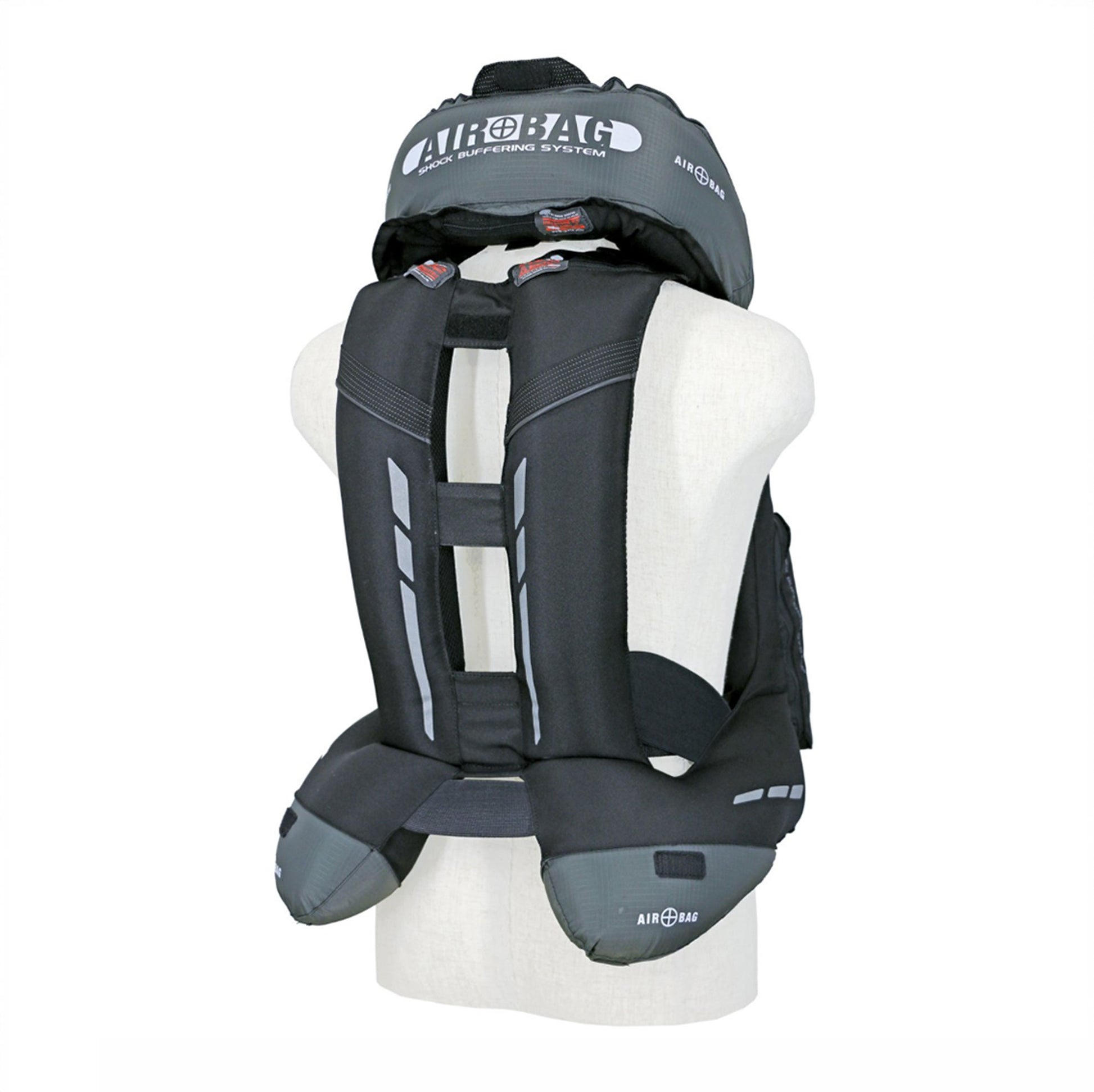 The back view of a black VHR inflated on a white mannequin with 'Airbag' branding.