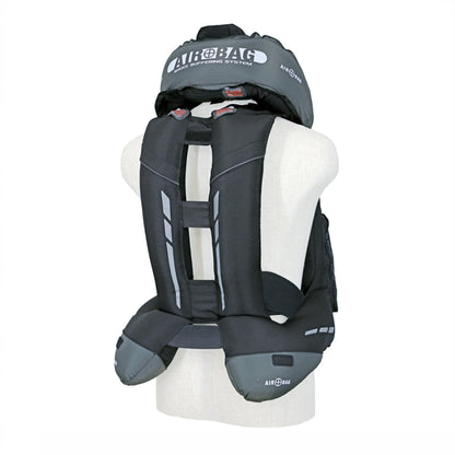 The back view of a black VHR inflated on a white mannequin with 'Airbag' branding.