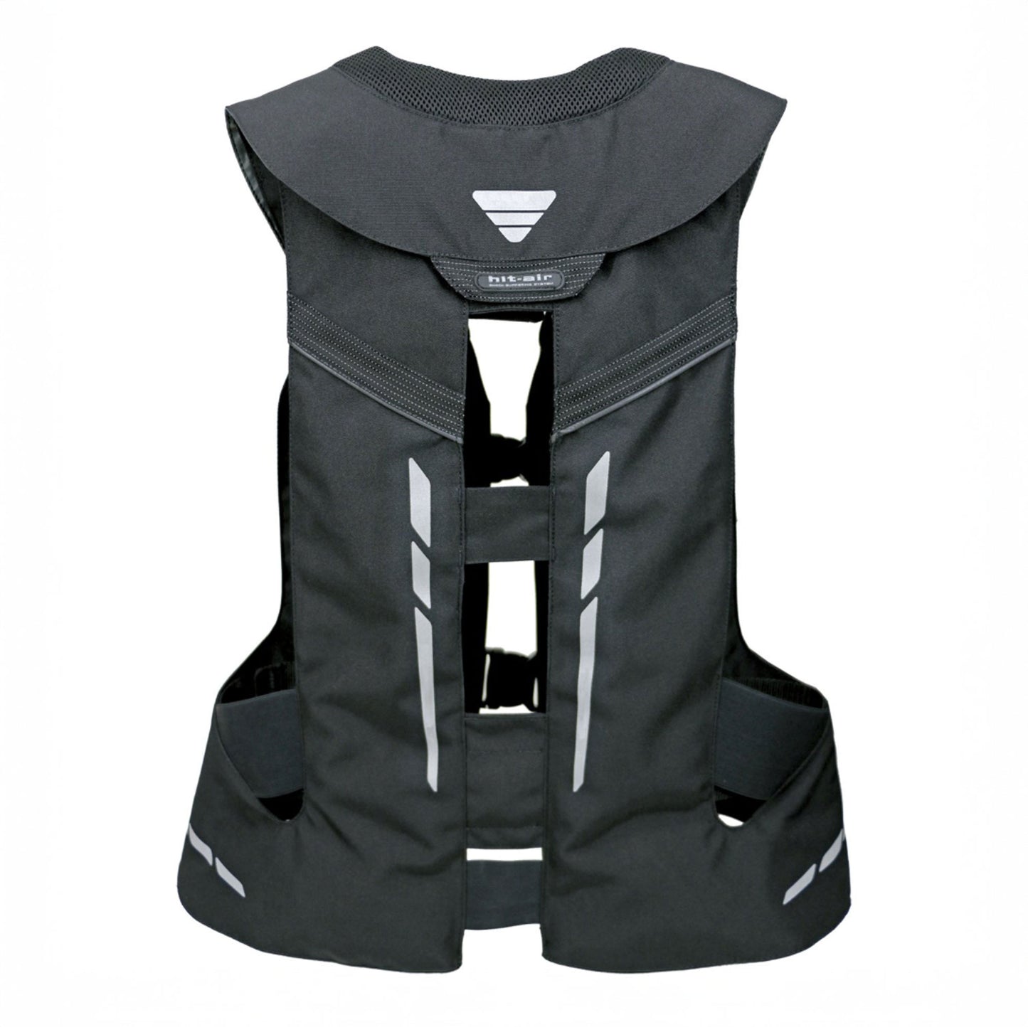 A white background featuring the Hit Air VHR inflatable airbag vest, back side features reflective stripes.