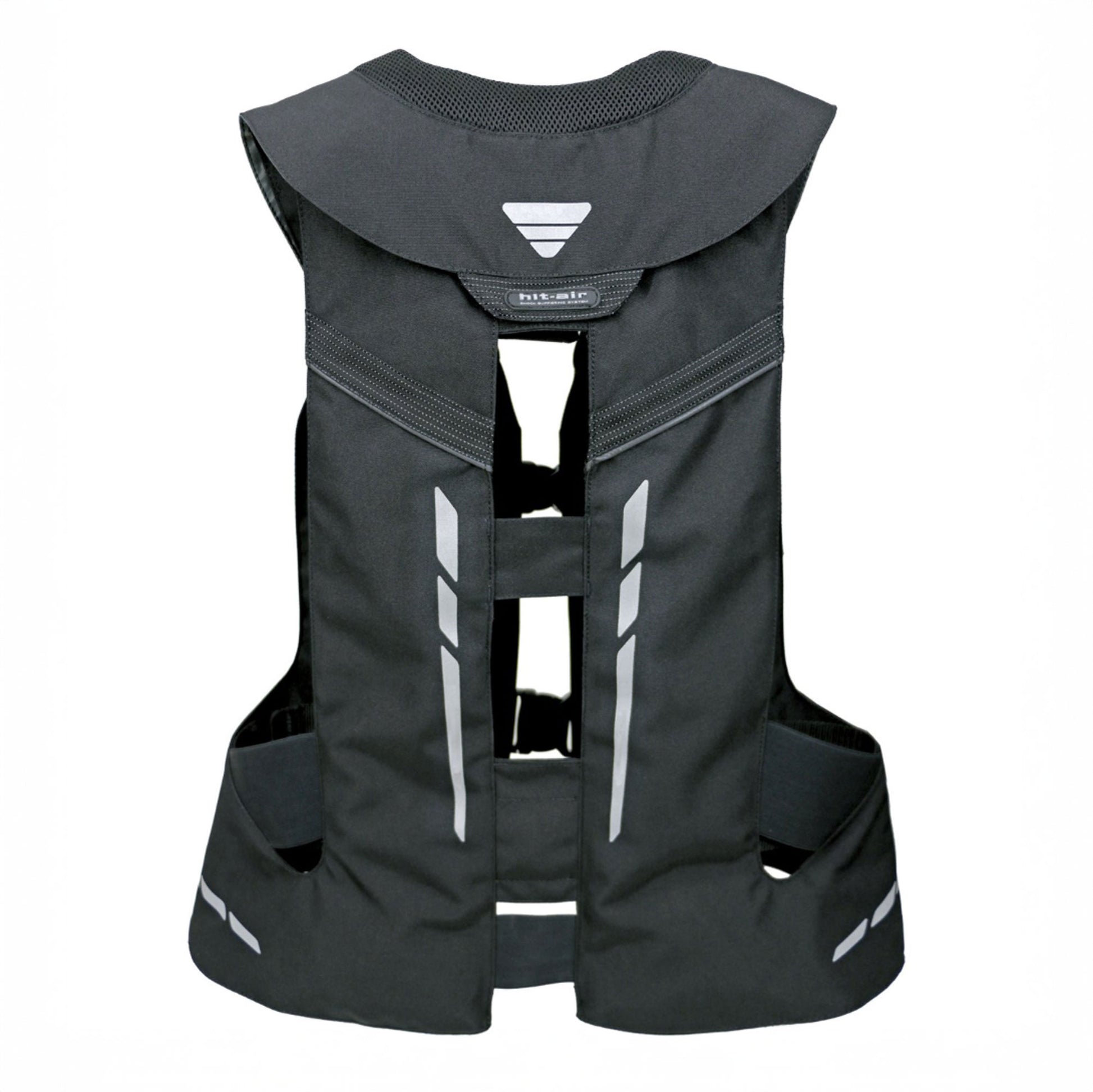 A white background featuring the Hit Air VHR inflatable airbag vest, back side features reflective stripes.