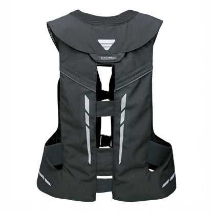A white background featuring the Hit Air VHR inflatable airbag vest, back side features reflective stripes.