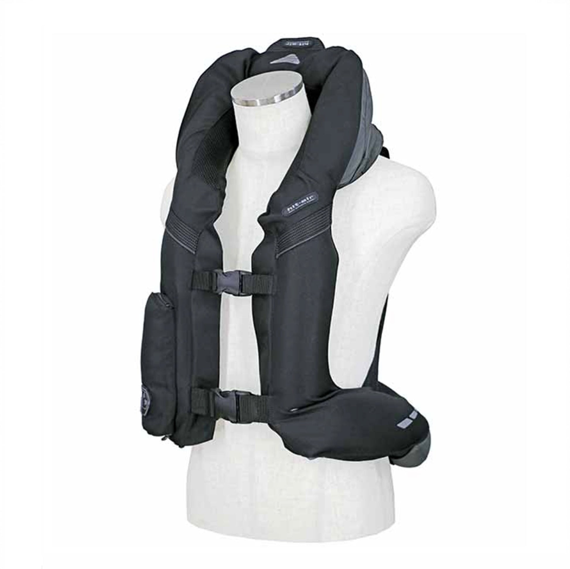 The VHR black Hit Air vest on a mannequin, inflated, against a white background
