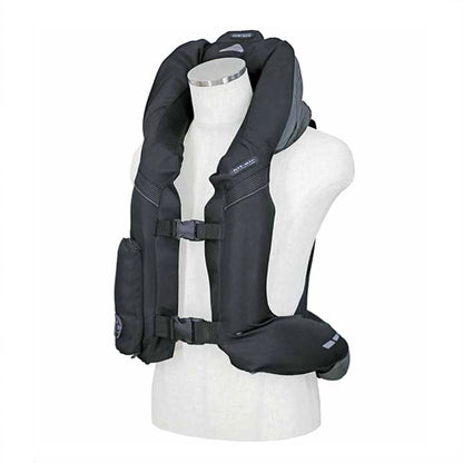 The VHR black Hit Air vest on a mannequin, inflated, against a white background