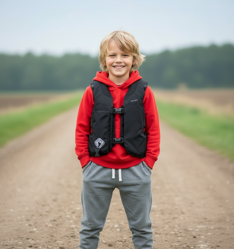 Boy in a kids vest on dirt road